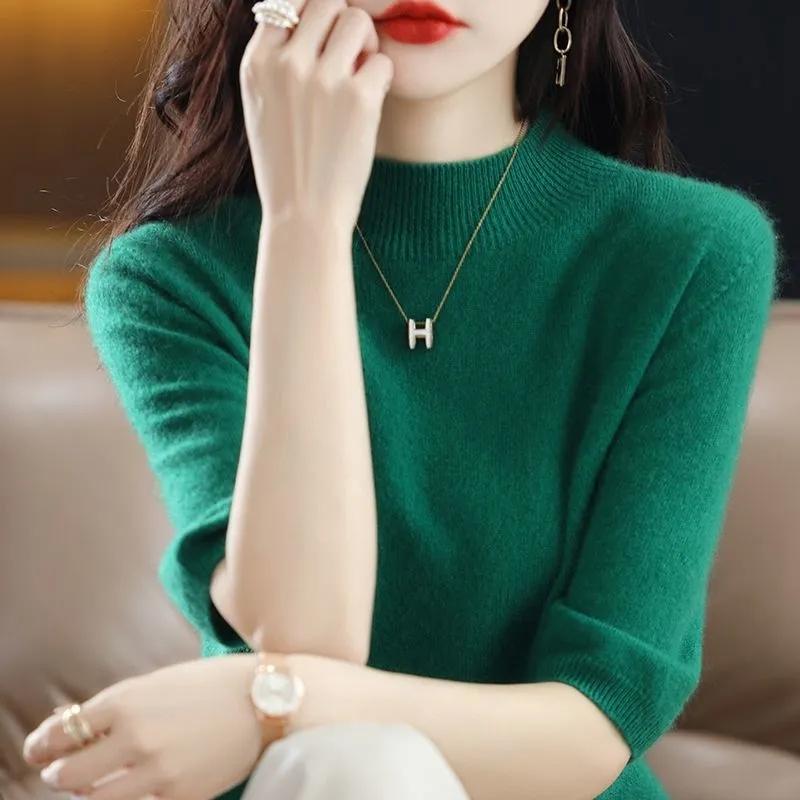 Весенне-летний свитер с короткими рукавами, женская полуводолазка, короткая свободная футболка с пятью точками и половиной рукава, универсальная трикотажная нижняя рубашка, женский топ