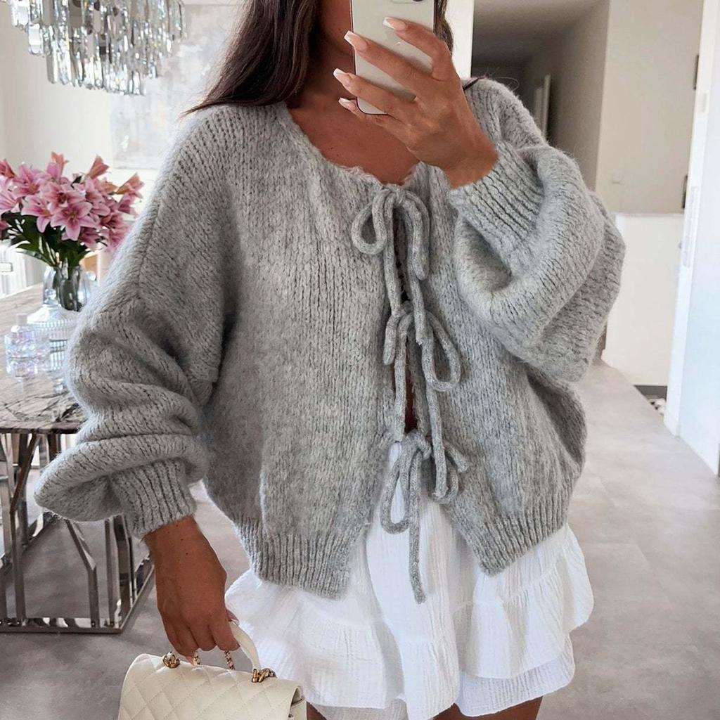 Women‘s Round Neck Long Sleeve Lace-Up Fitted Cardigan Coat