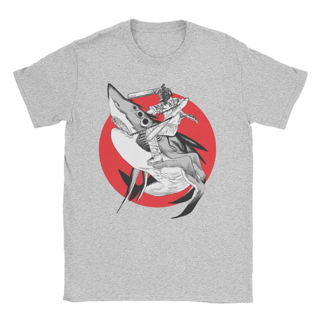 Shark and Denji T Shirts for Men Women Pure Cotton Awesome T-Shirt O Neck Chainsaw Man Manga Devil Makima Anime Tee Shirt  6XL