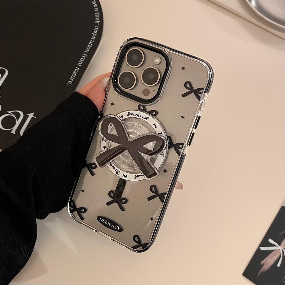 Черный бант Магнитный чехол на присосках 15Promax Прозрачный чехол для iPhone 14 Подходит для 13 Advanced 12 Подставка 16