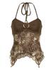 Retro Forest Green Vintage Print Boho Y2K Camisole Backless Halter Tie Asymmetrical Tops Women Summer Vacation Clothing