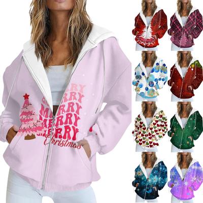 Женская модная повседневная толстовка с рождественским принтом и длинными рукавами, карманная куртка, пальто с капюшоном на молнии