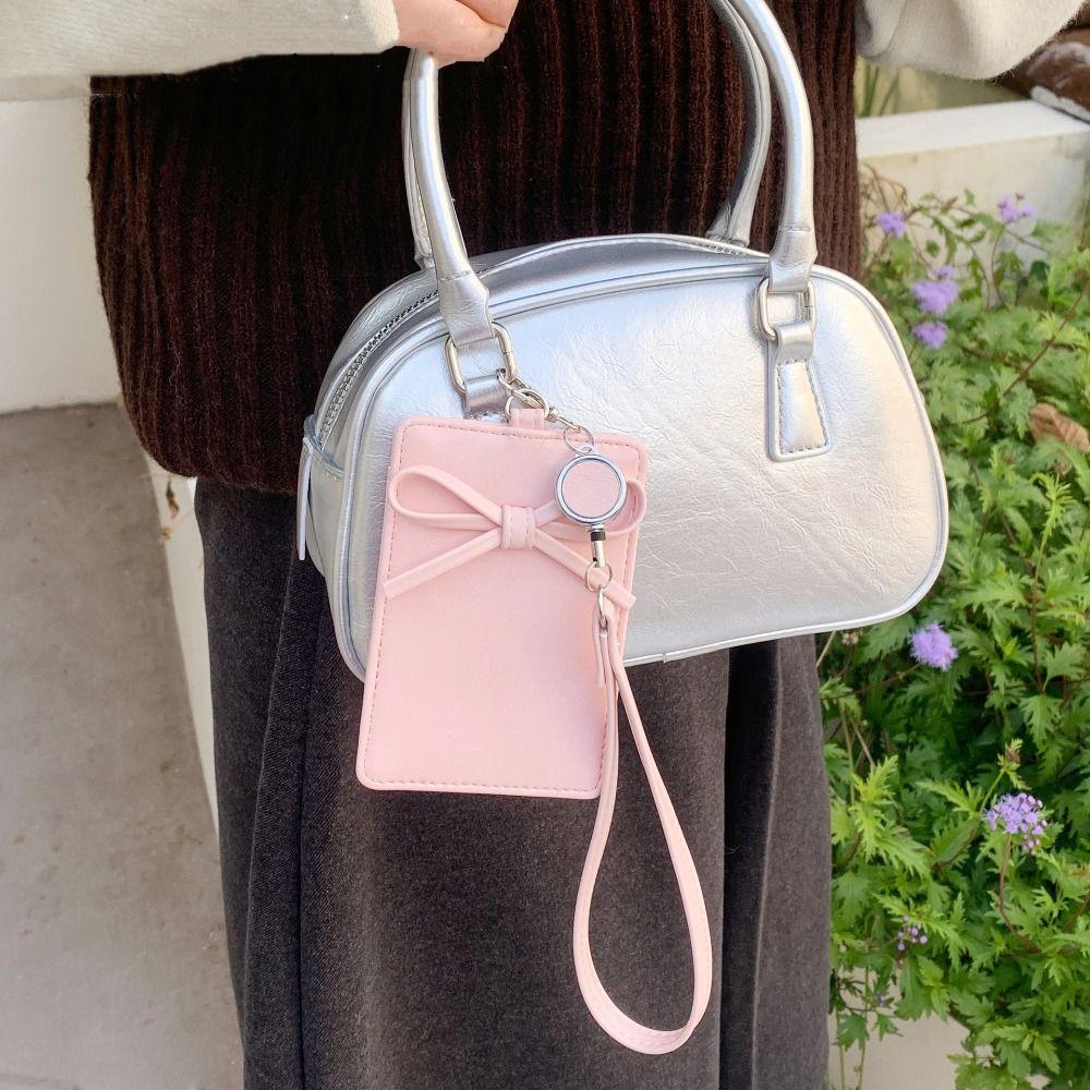 Кожа PU Бант Держатель для карт из кожи Выдвижной бейдж Обложка для рабочей карты Бантик Растягивающийся Держатели для проездных билетов Офис Студент