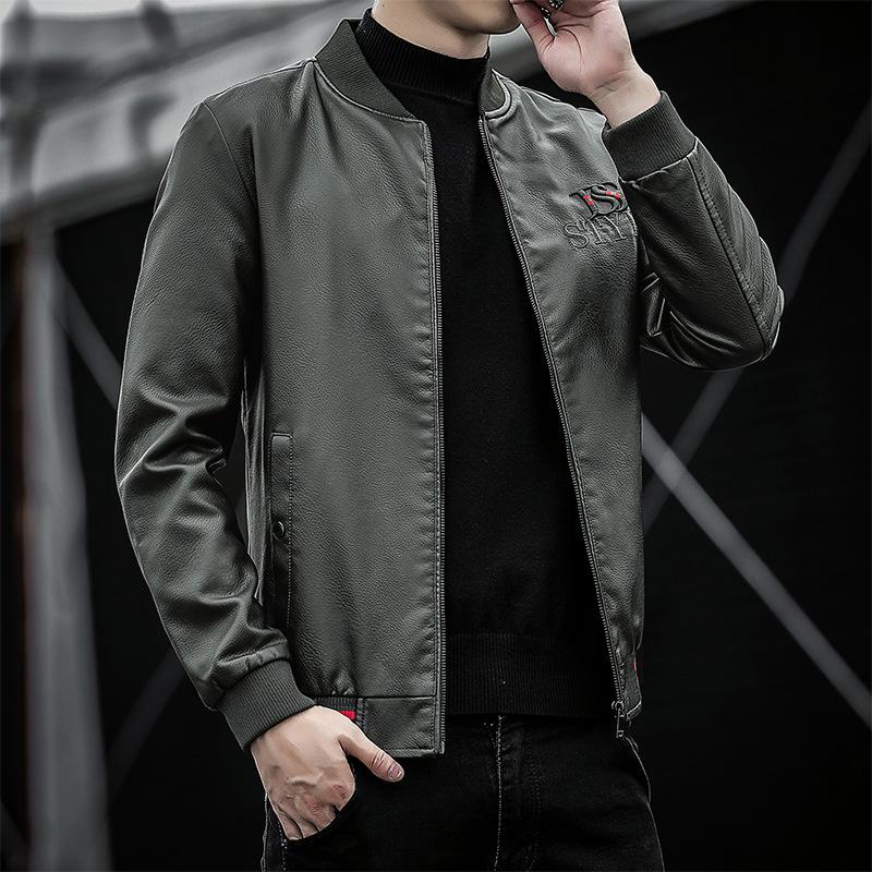Осенне-зимняя новая мужская облегающая кожаная куртка с бейсбольным воротником, тонкая флисовая молодежная мотоциклетная мужская куртка из искусственной кожи