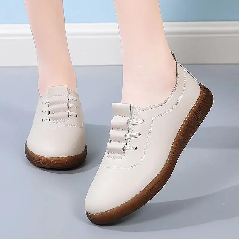 Spring White Leather Women Shoes Flat Mother Shoes Women Summer Tendon Soft Sole Casual Sneaker Slip-on Lazy Shoe Tenis De Mujer