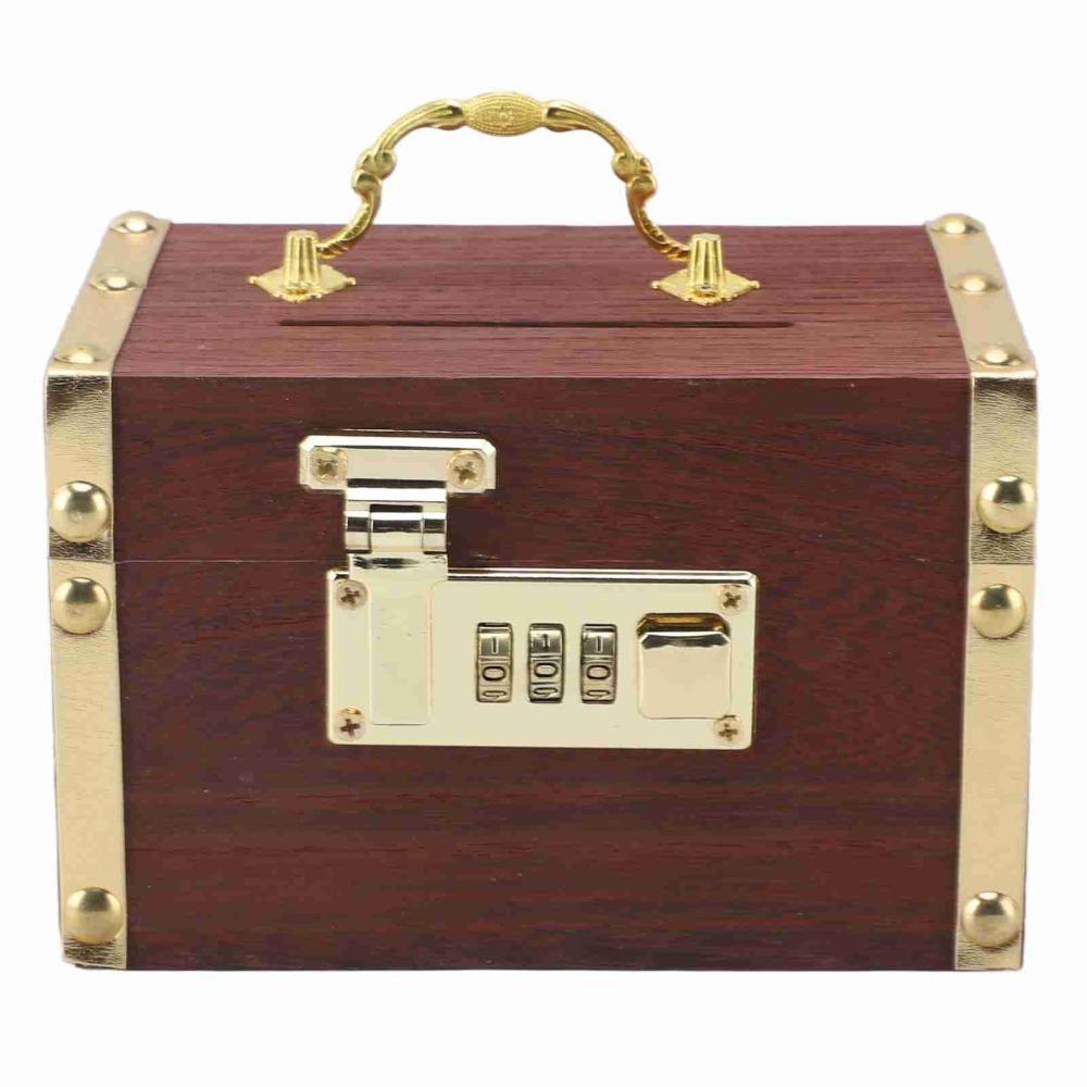 Password Lock Locking Money Storage Box With Handle Security Vintage Wooden Piggy Bank Wooden Material Small Size
