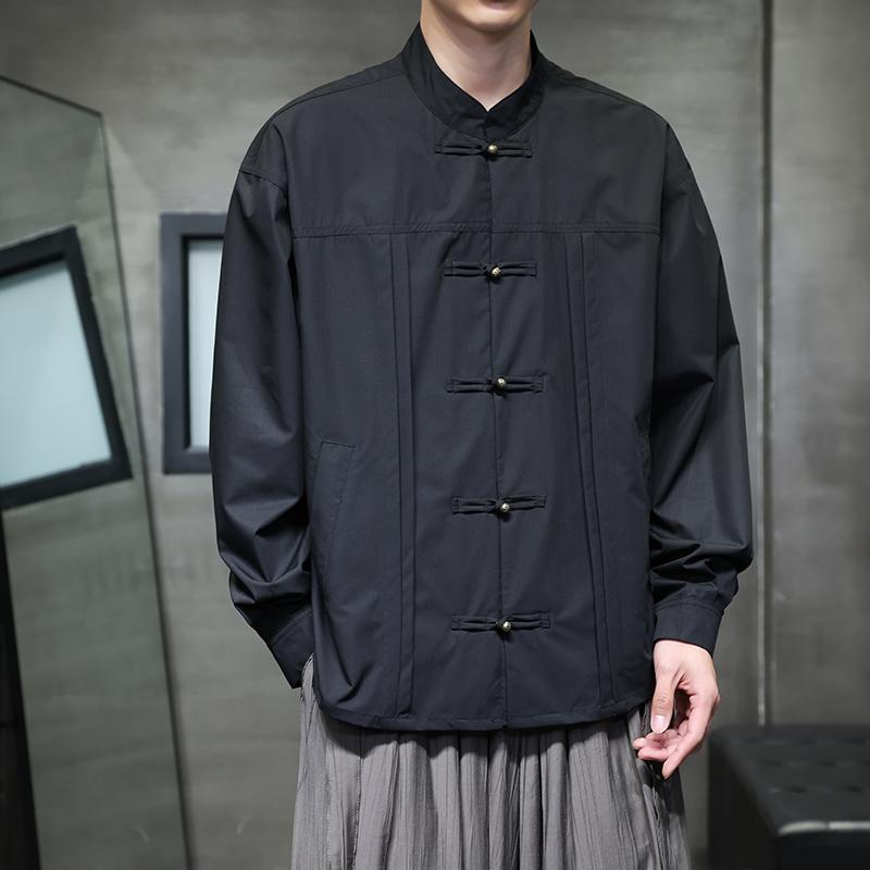 Осенняя мужская рубашка с воротником-стойкой, рубашки оверсайз, мужская рубашка с длинным рукавом в китайском стиле, формальные черно-белые повседневные ретро топы