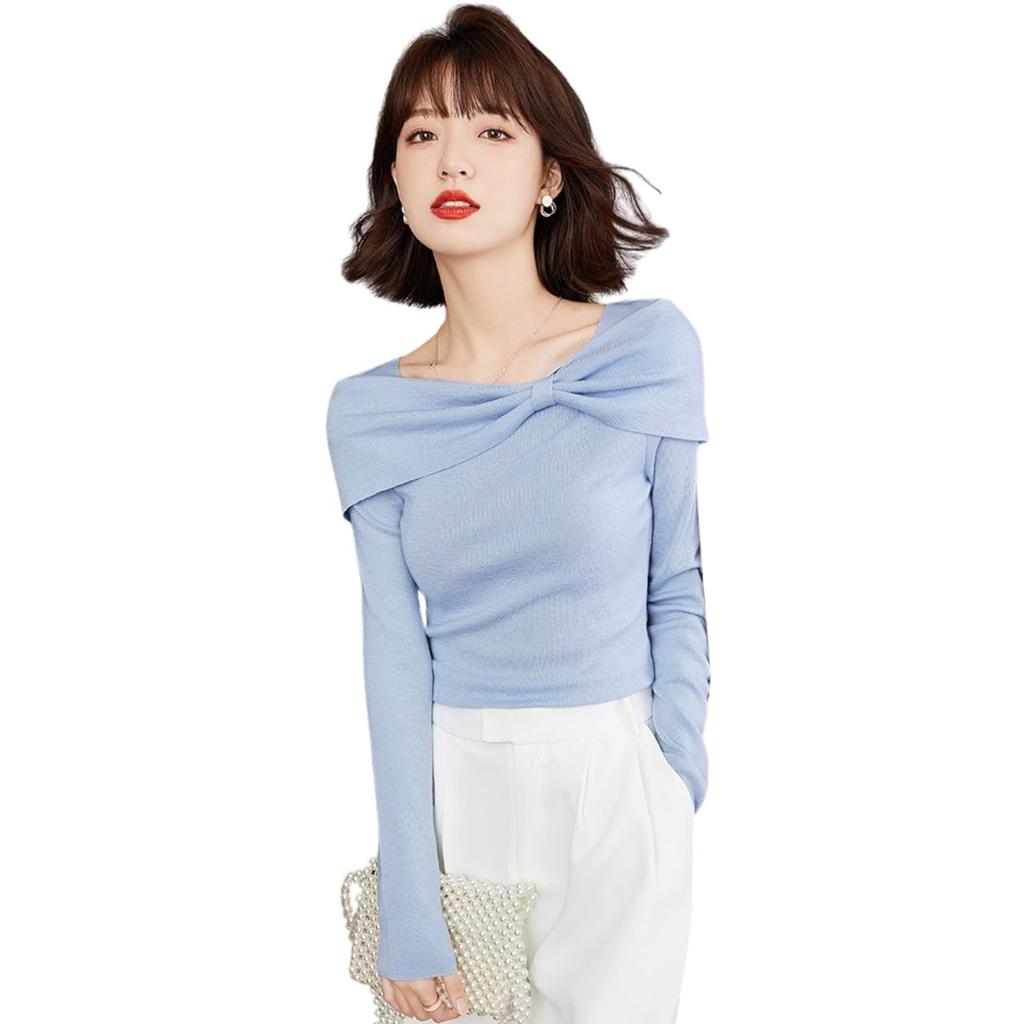 J-Scott Boat Neck Knit Top with Ribbon Motif, Lightweight, Soft, Slim Fit, 1/4 Sleeves, Blue, JS112-BL-XL
