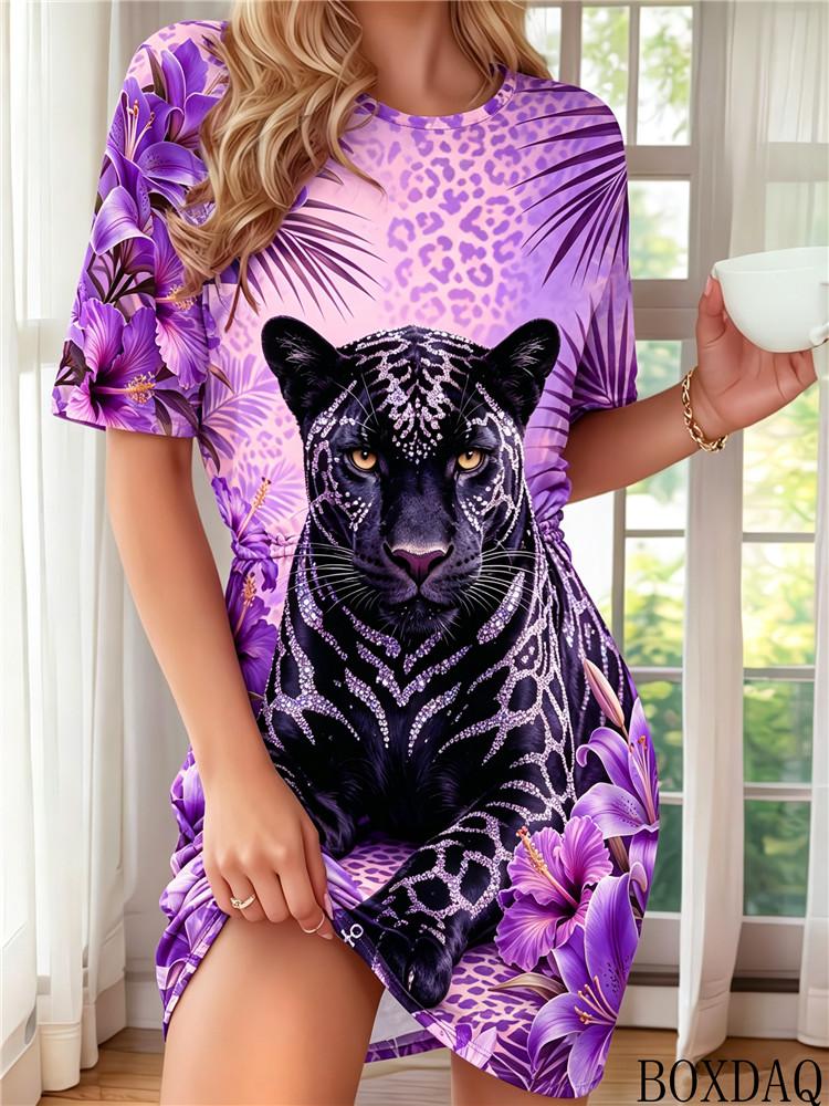 Women Round Neck Short Sleeve Nightgown, Summer Thin Loose Plus Size Cartoon Print Loungewear
