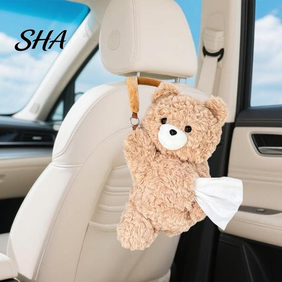 Auto Paper Towel Storage Cute Animal Car Tissue Holder, Plush Bear/Dog/Cat/Panda/Raccoon Hanging Napkin Dispenser with Soft Velvet Wide Strap,
