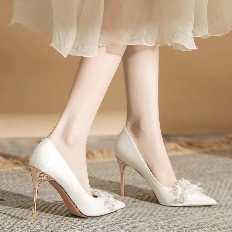 Sweet Leisure Women Pumps Sexy Slip On Thin High Heels Pointed Toe Party Wedding Women Shoes Solid Flower Crystal Summer Shoes