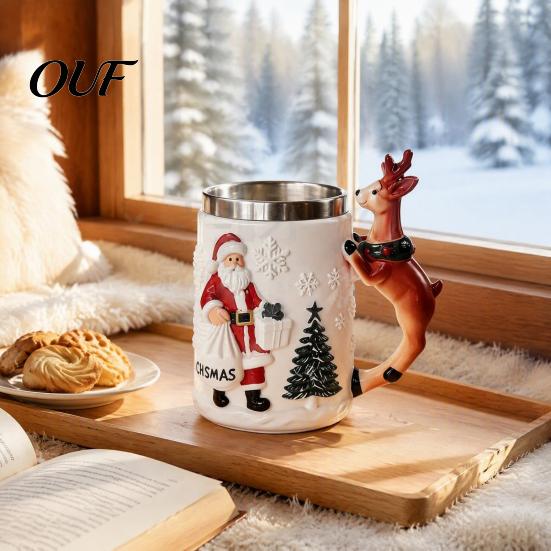 Festive Hot Cocoa Mug Christmas Santa Claus Coffee with Reindeer Handle, 300ml 3D Unique Holiday Table Ornament Embossed Resin Cup for Cocoa,