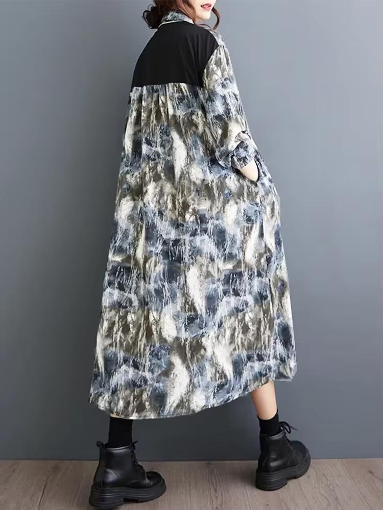 Xitao Свободное платье-рубашка в стиле пэчворк с принтом, повседневное однобортное женское платье на шнурке, новое осеннее простое платье в стиле темперамент DMJ4175