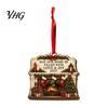 Vintage Wood Tree Pendants Wooden Christmas House Ornament, 2D Castle Car Hanging Decor with Holiday Party Decorations Red String, Rustic Pendant,