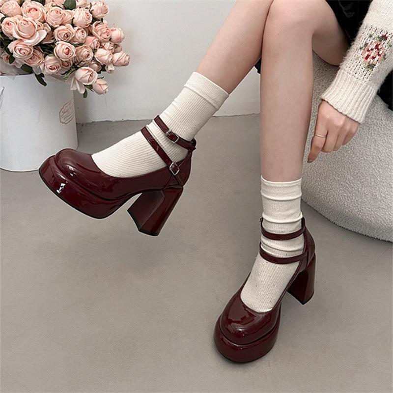 High Heels Women's Spring Autumn Pumps Shoes Red Black Retro Thick Soled Jane Ankle Buckle 9cm Chunky