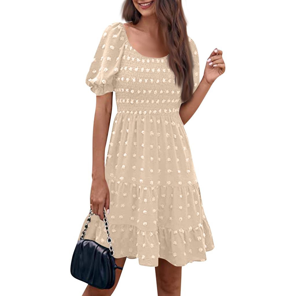 Женские модные повседневные однотонные платья с квадратным вырезом и коротким рукавом в горошек