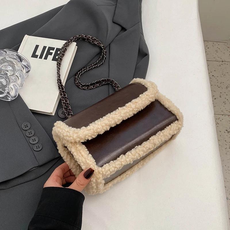 Сумка через плечо из полиуретана с заплатками и магнитной застежкой, сумка через плечо, сумка для поездок на работу, цепочка-перекидной чехол из плюшевой овчины, бордовый винтаж