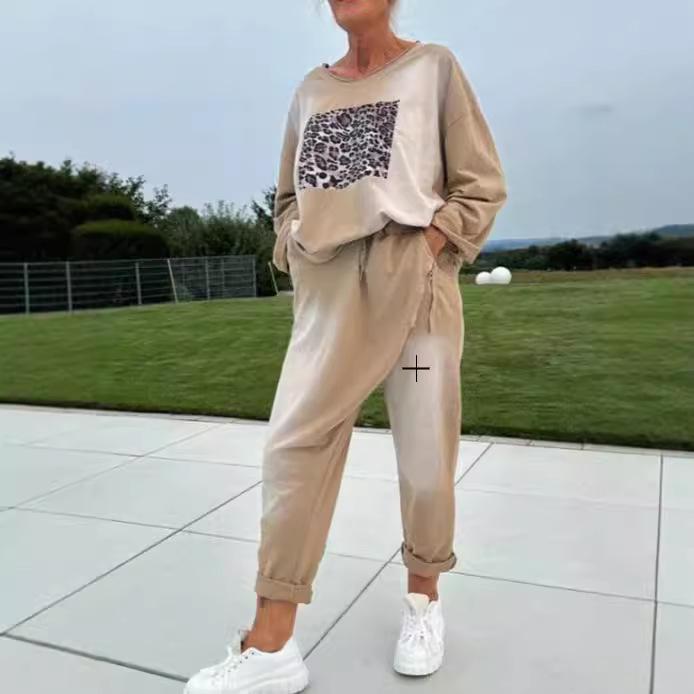 Женский осенний вязаный комплект с леопардовым принтом 2024: Европейский и американский повседневный комплект с круглым вырезом