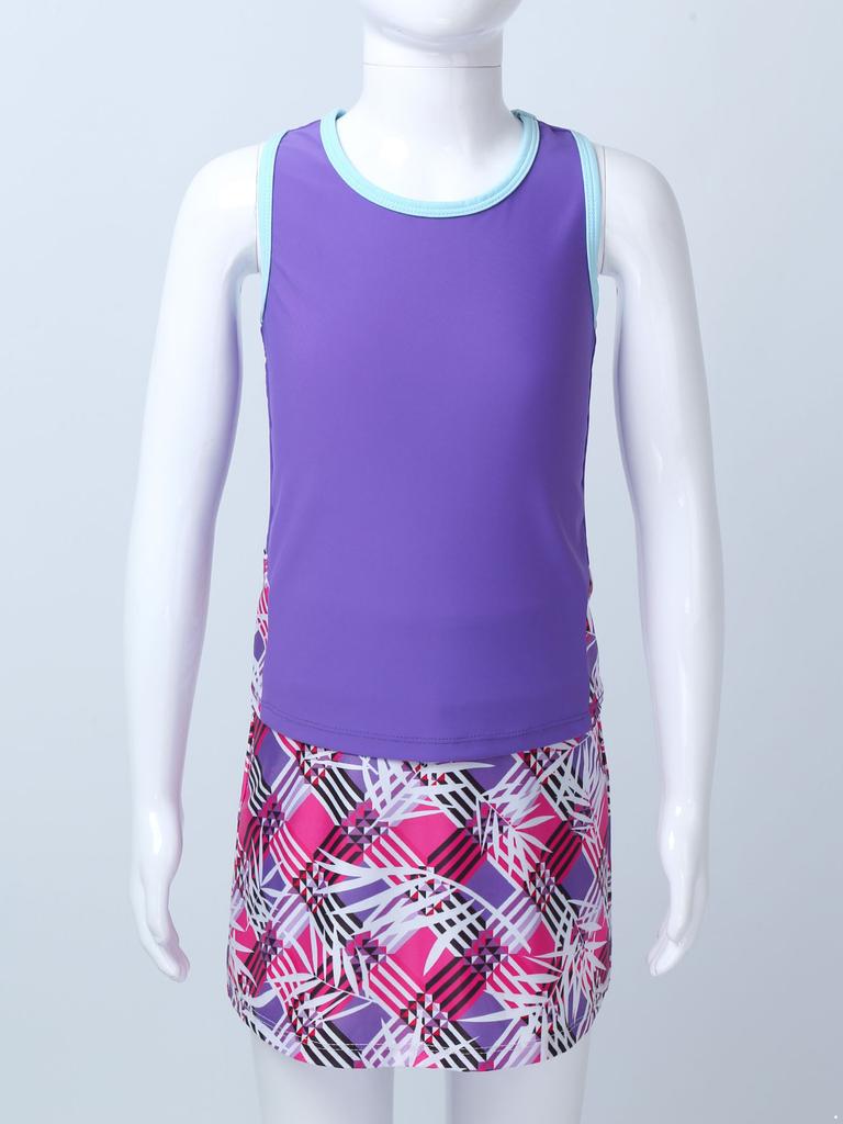 Детский теннисный костюм из 2 предметов для девочек, футболка без рукавов с круглым вырезом, топ со встроенными шортами, юбка, комплект для бега, тренажерного зала, тенниса, гольфа