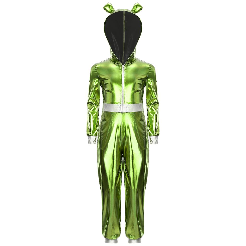 Girls Alien Halloween Costume Metallic Gloss Hood Long Sleeve Front Zipper Jumpsuit Fancy Dress Party Outfit