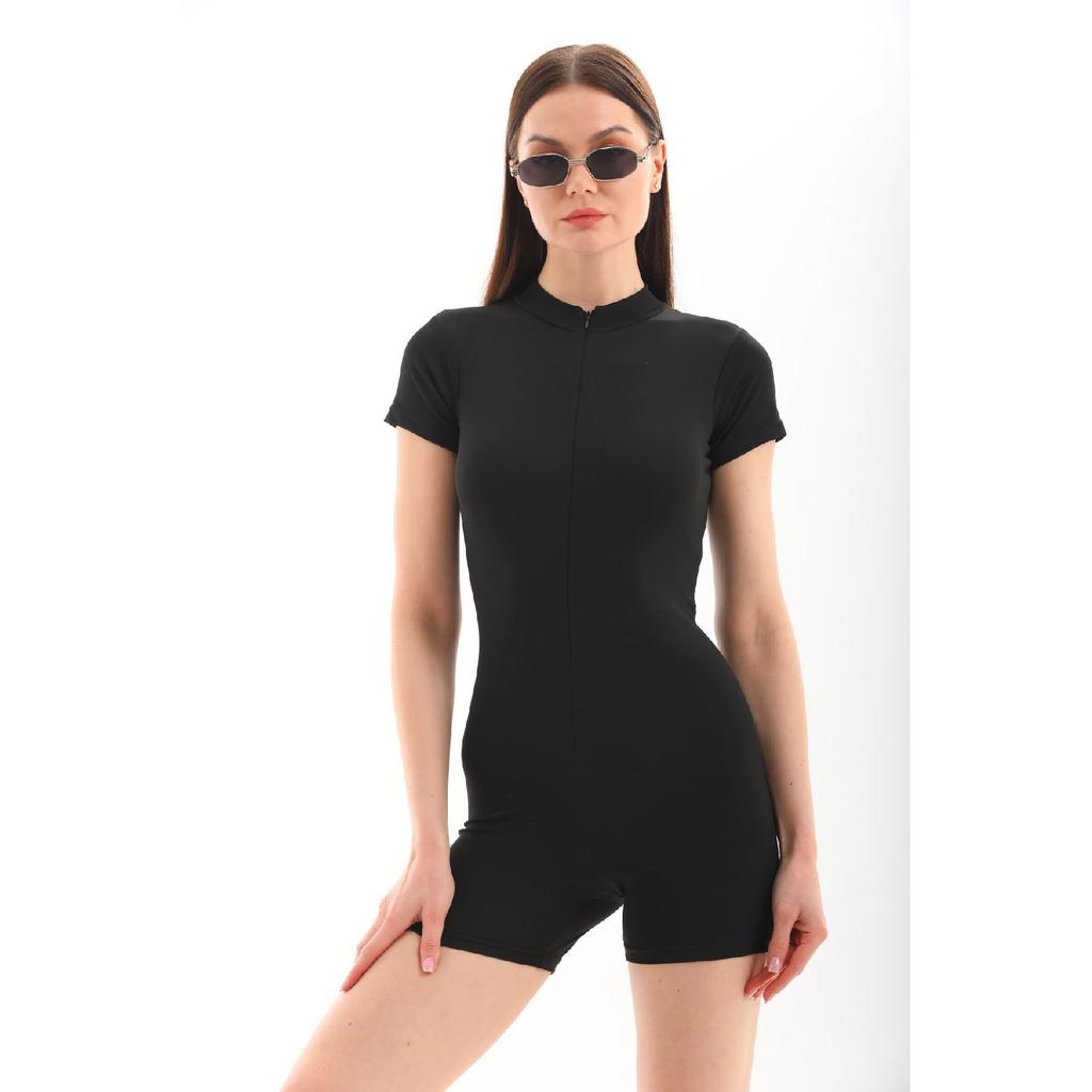 Zipper Detailed Black Swimsuit With Shorts Swimsuit