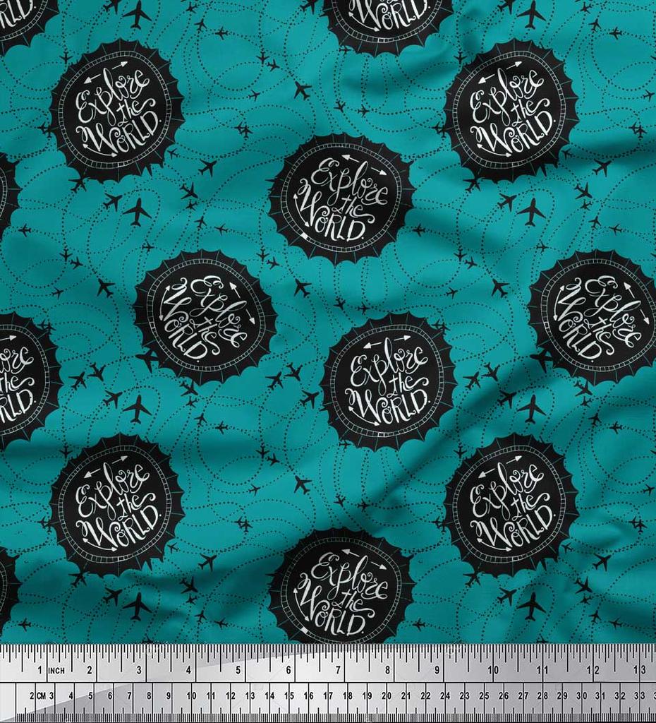 Soimoi Зеленая японская креп-сатиновая ткань с текстовым принтом и принтом для путешествий в самолетах, 42 дюйма по метрам