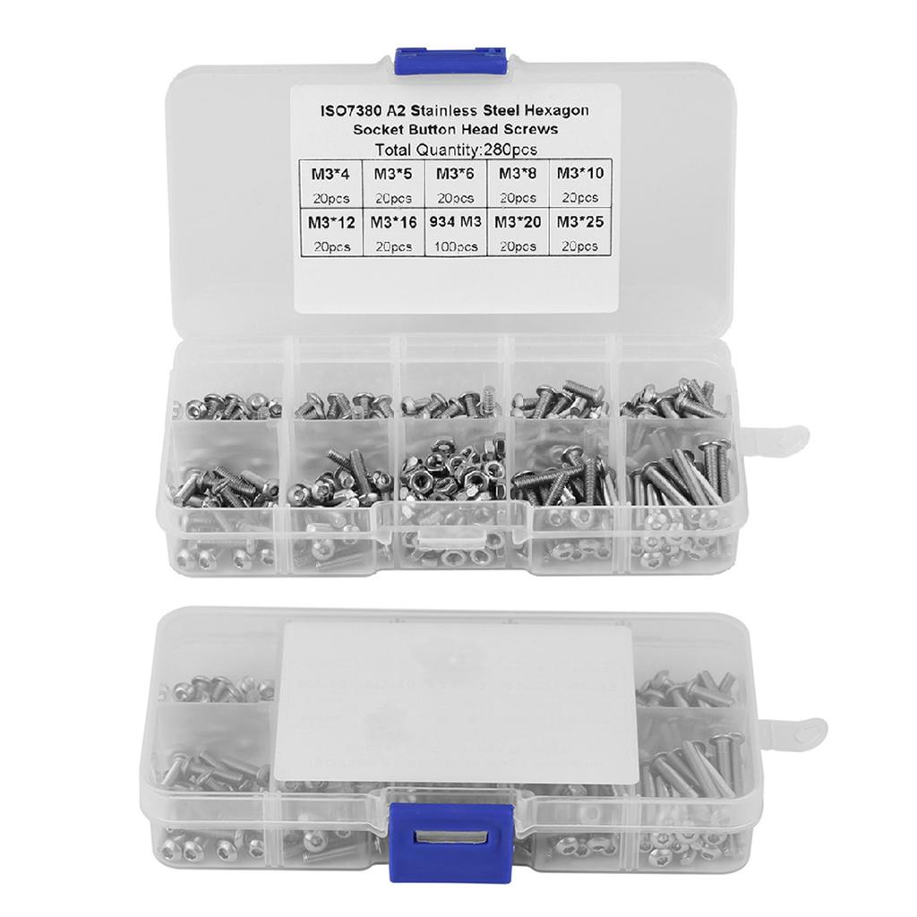 280pcs M3*4 5 6 8 10 12 16 20 25 Button Head Hex Socket Screws Nuts with Plastic Case