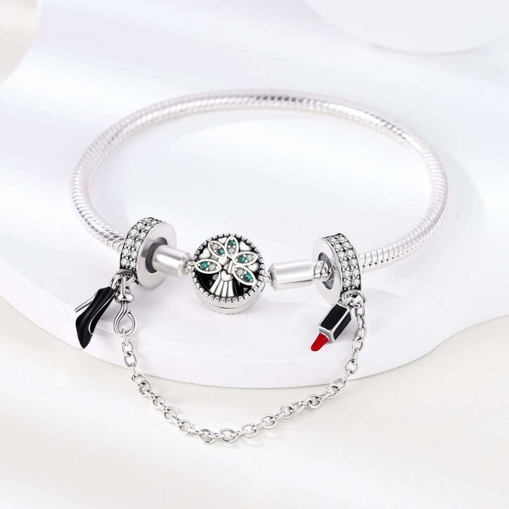925 Silver Lipstick High Heels Charms For Lady Pendant Fit Bracelet DIY Ornament