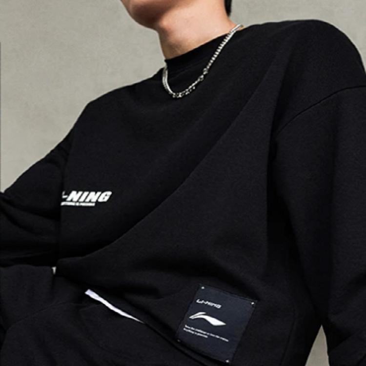 Li-Ning Свитшот с круглым вырезом и принтом буквенного логотипа, мужские топы, черный AWDT683-2