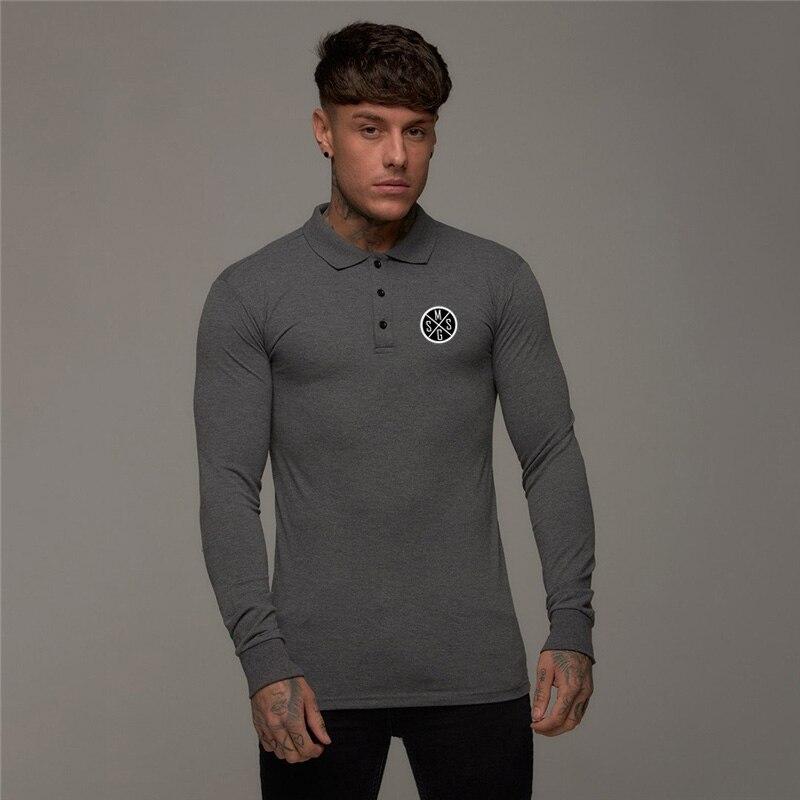 Muscleguys Модная рубашка поло для фитнеса и отдыха, хлопковая футболка с длинными рукавами, мужская весенне-осенняя рубашка с отложным воротником и принтом