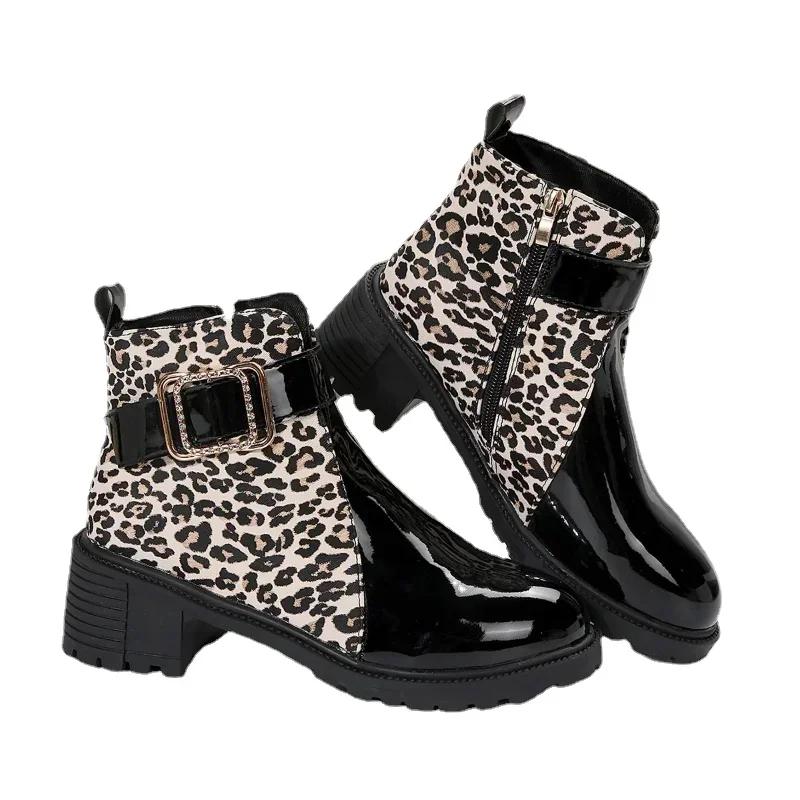 Модные женские ботильоны с круглым носком и пряжкой на ремне, весна-осень, новые кожаные ботинки с леопардовым принтом, женские модные короткие ботинки на высоком каблуке