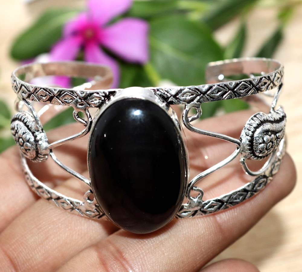 Huge Black Onyx 925 Silver Plated Bangle 6.5" Handmade Jewellery Trendy D6P87