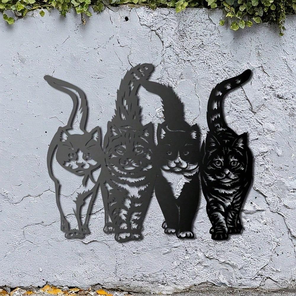 Four Walking Cats Minimalist Metal Wall Art - Modern Home Decor For Bedroom, Living Room, Or Bathroom.