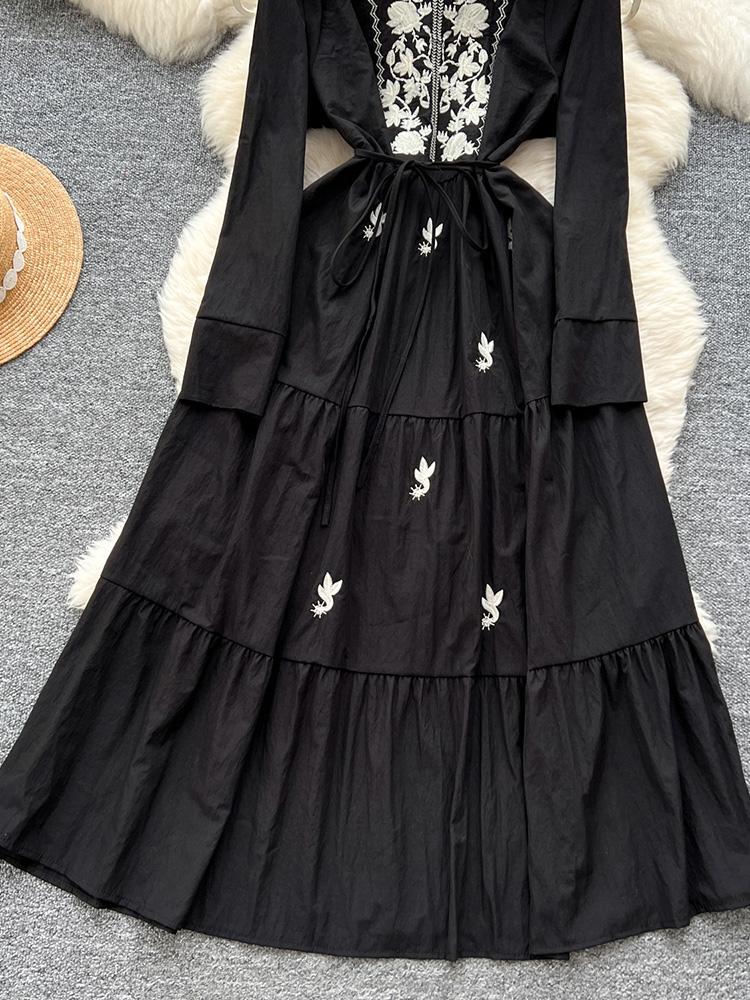 Женское весенне-осеннее платье Ретро Вышитое V-образный вырез Бретели Талия Французское Элегантное Длинный рукав Пышная юбка Длинное платье