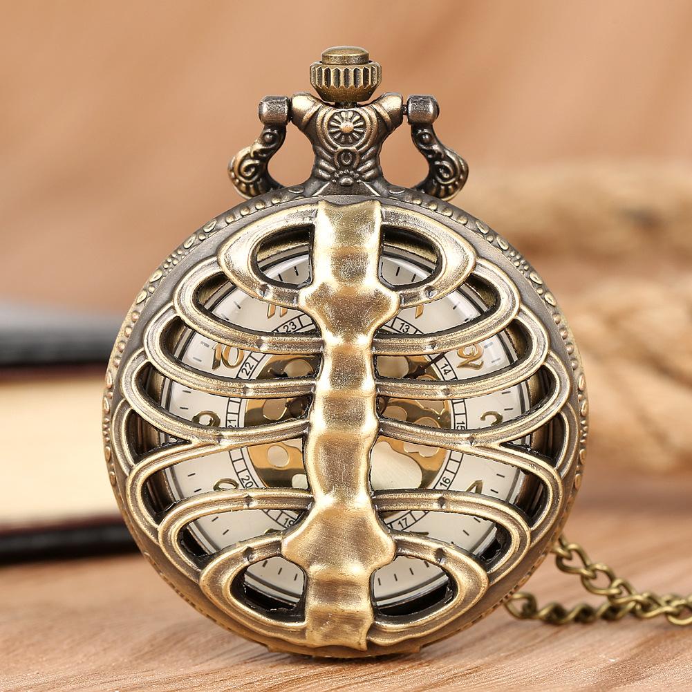 Hollow Fishbone Shaped Quartz Pocket Watch Vintage Necklace Chain Clock Gifts for Men Women