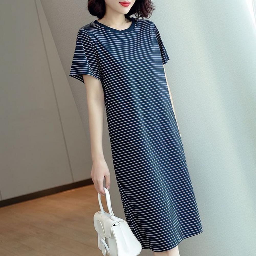 Women Casual Striped Middle Dress Short Sleeve Loose Round Neck Summer Lightweight Comfortable Office Beach Party Dress