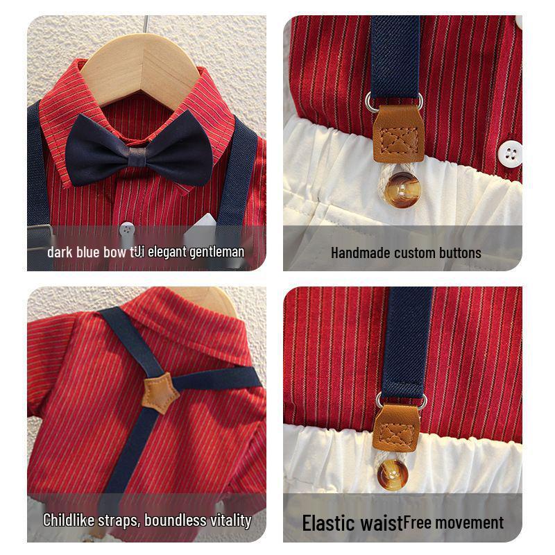 Комплект для малыша: рубашка с коротким рукавом и шорты с подтяжками - Летний джентльменский наряд для годовалого малыша на день рождения