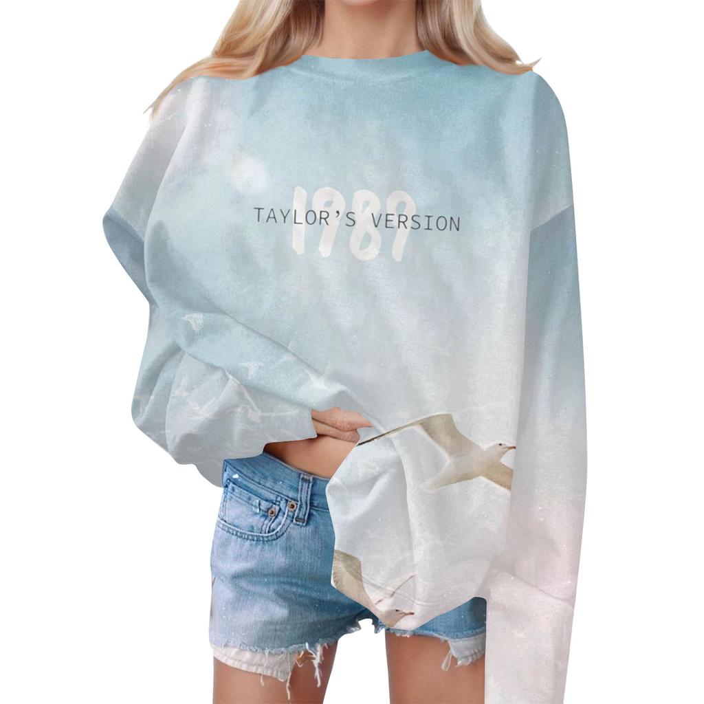 Женская мода, повседневная блузка с длинным рукавом и круглым вырезом, пуловер с принтом