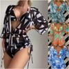 Three-Piece Bikini Swimsuit Leaf Print Waist Lace-up Fashion Long Sleeve Beach Anti-Ddos Swimsuit