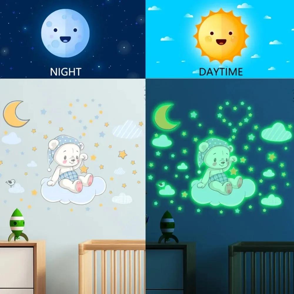 Светящаяся наклейка на стену с мультяшным медведем и лунным облаком, украшение для детской комнаты, спальни, светящиеся в темноте наклейки для домашнего декора