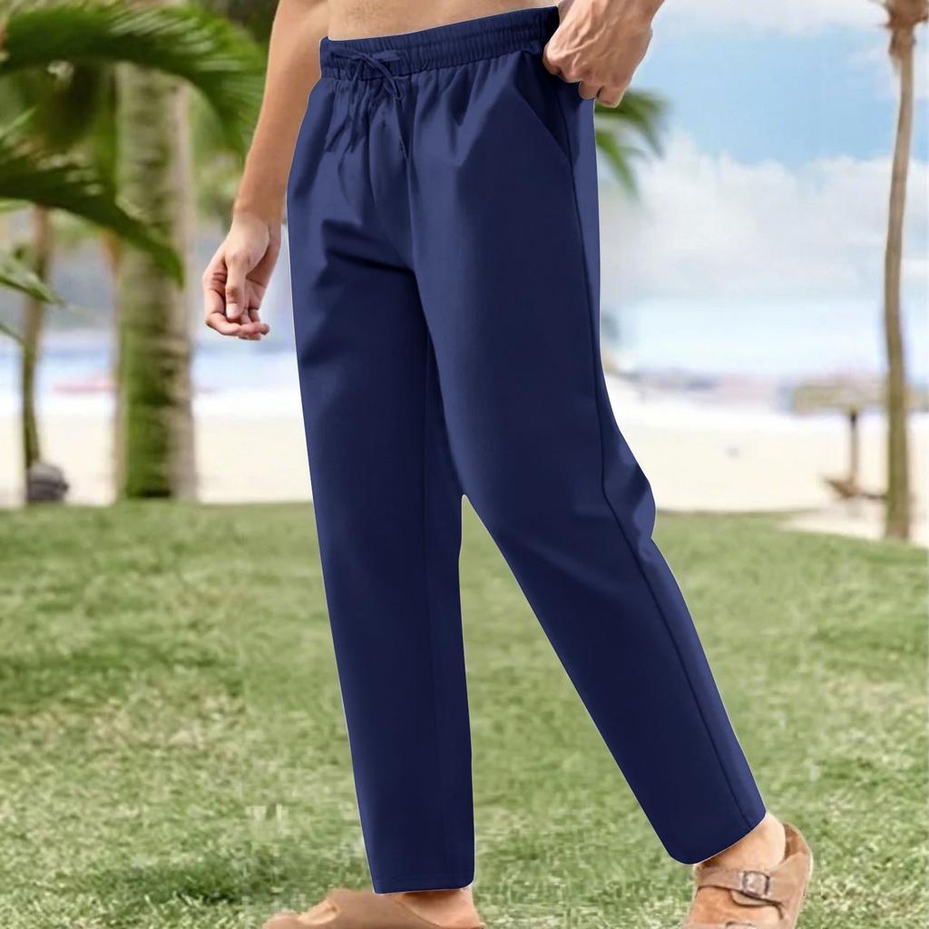 Льняные повседневные брюки мужские с эластичной талией и завязками на шнурке летние брюки для йоги и пляжа