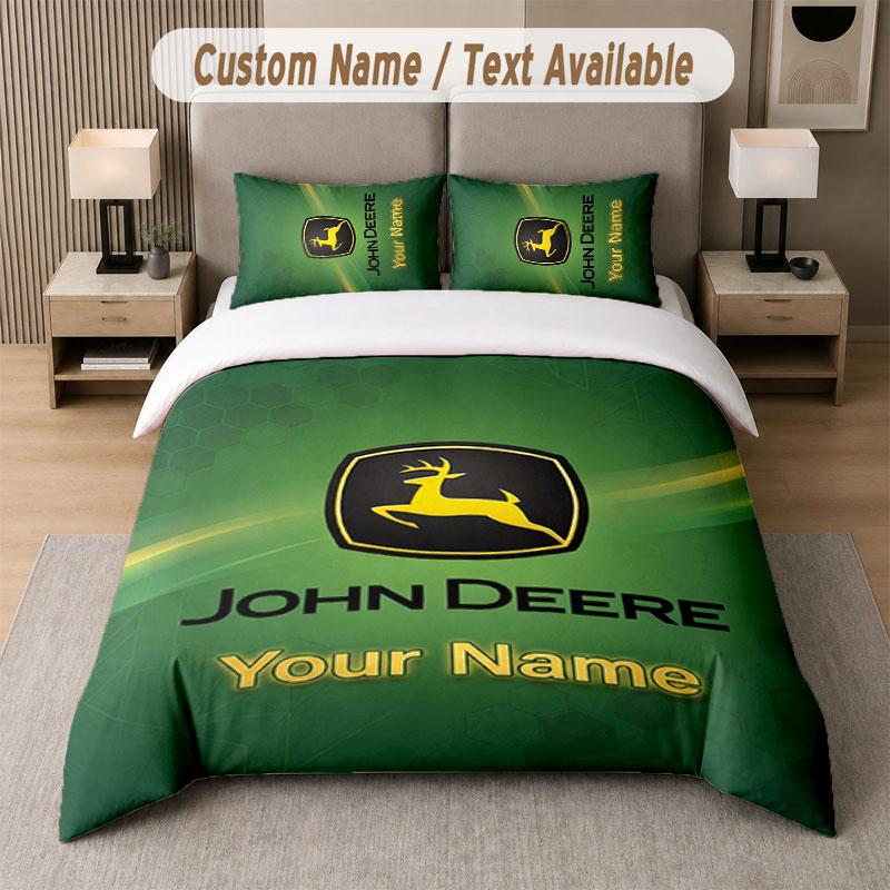 Custom Bedding Set John Deere Pattern, Print Name Text 1 Duvet Cover plus 2 Pillowcases Home Textile