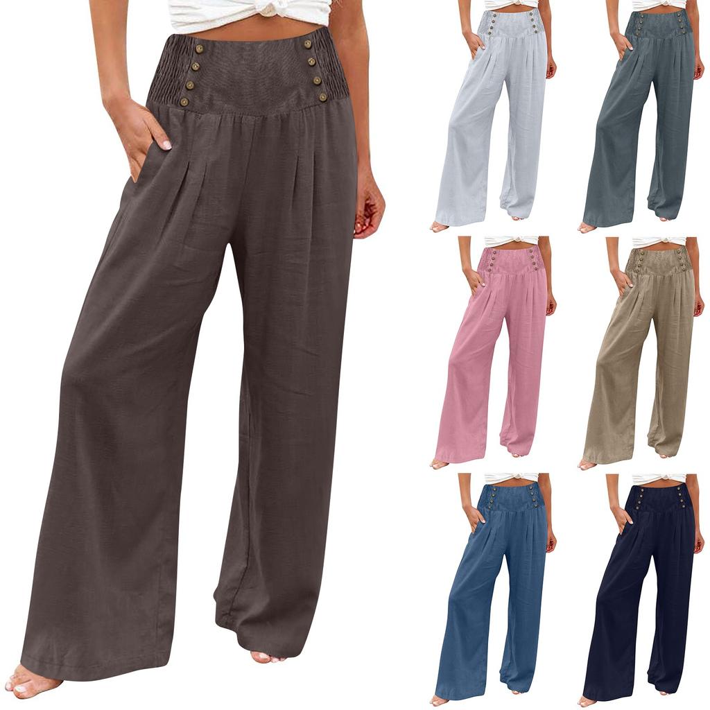 Summer Cotton Linen Wide Leg Pants Women Loose Palazzo Pant Pocket Elastic Waist Button Casual Pants