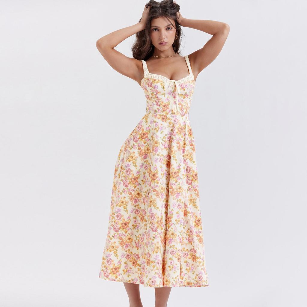 Женское платье длиной до щиколотки с открытой спиной и принтом на тонких бретельках с v-образным вырезом и высокой талией