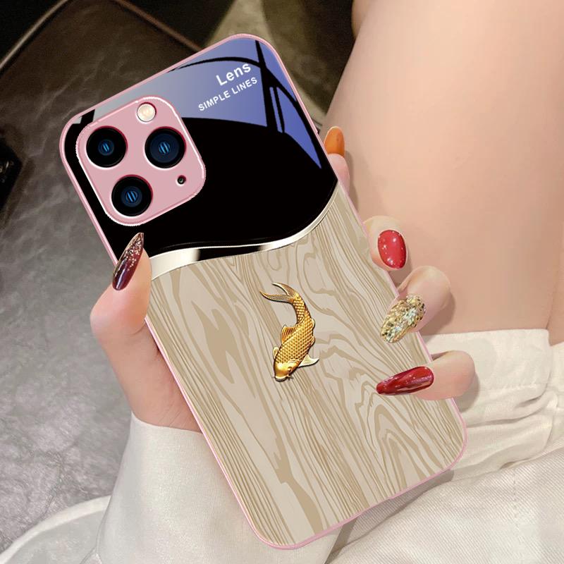 Дерево Зерно Рыба Прыжок в Небо для IPhone 15 Pro 14 13 12 Mini 11 XS Max XR 7 8 Plus SE 2020 2022 Закаленное Стекло Чехол для Телефона