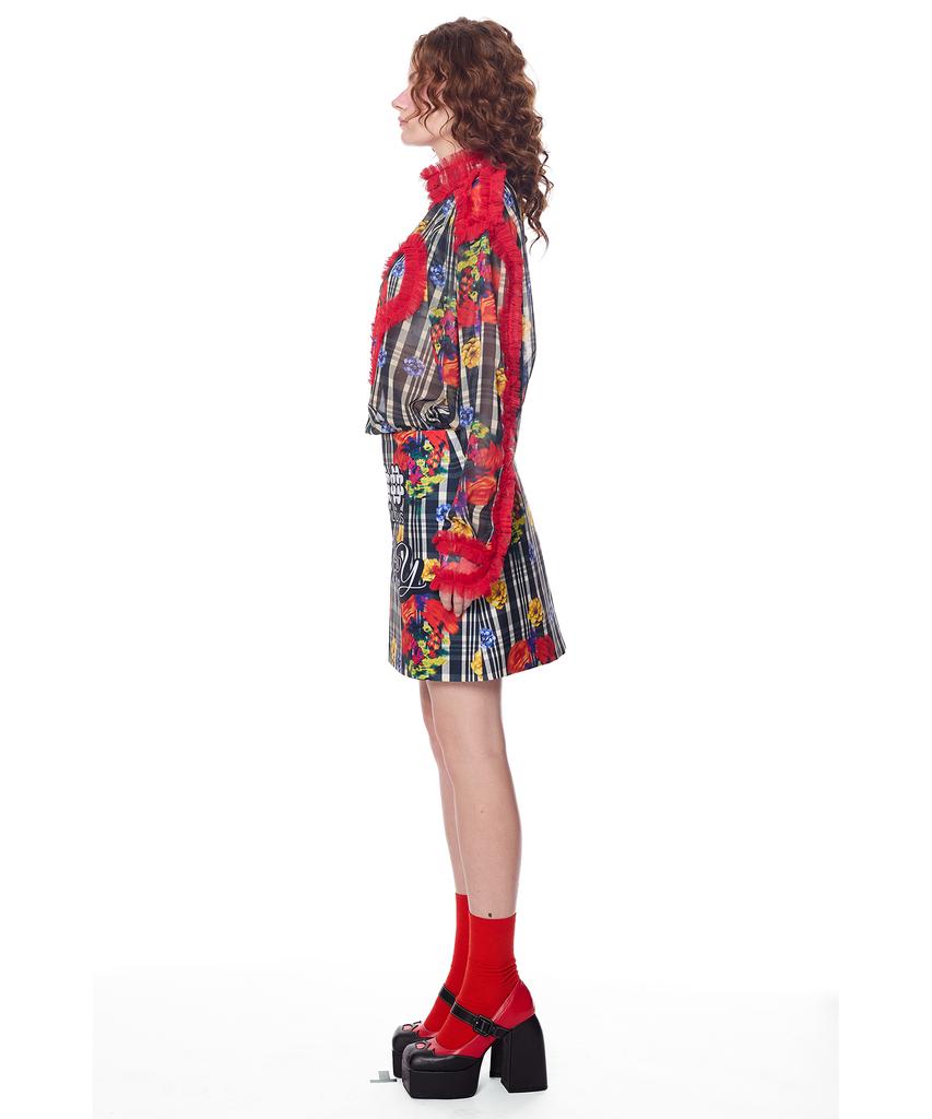 GREEDILOUS Joy Emblem Check Skirt