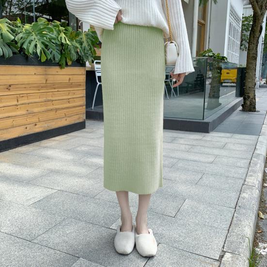 Women Knitting Skirt High Waist Back Slit Design Solid Color Midi Skirt Soft Breathable Thickened Warm Hip Wrapped Skirt