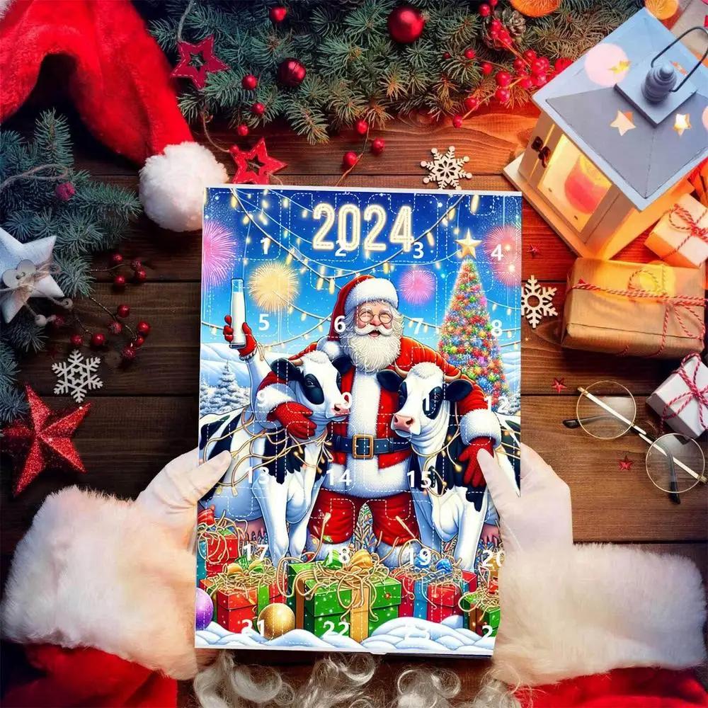 Рождественский адвент-календарь 2024 года «Корова в шапках Санты», 24-дневный рождественский адвент-календарь, 2D-украшение рождественской елки в виде коровы из Хайленда