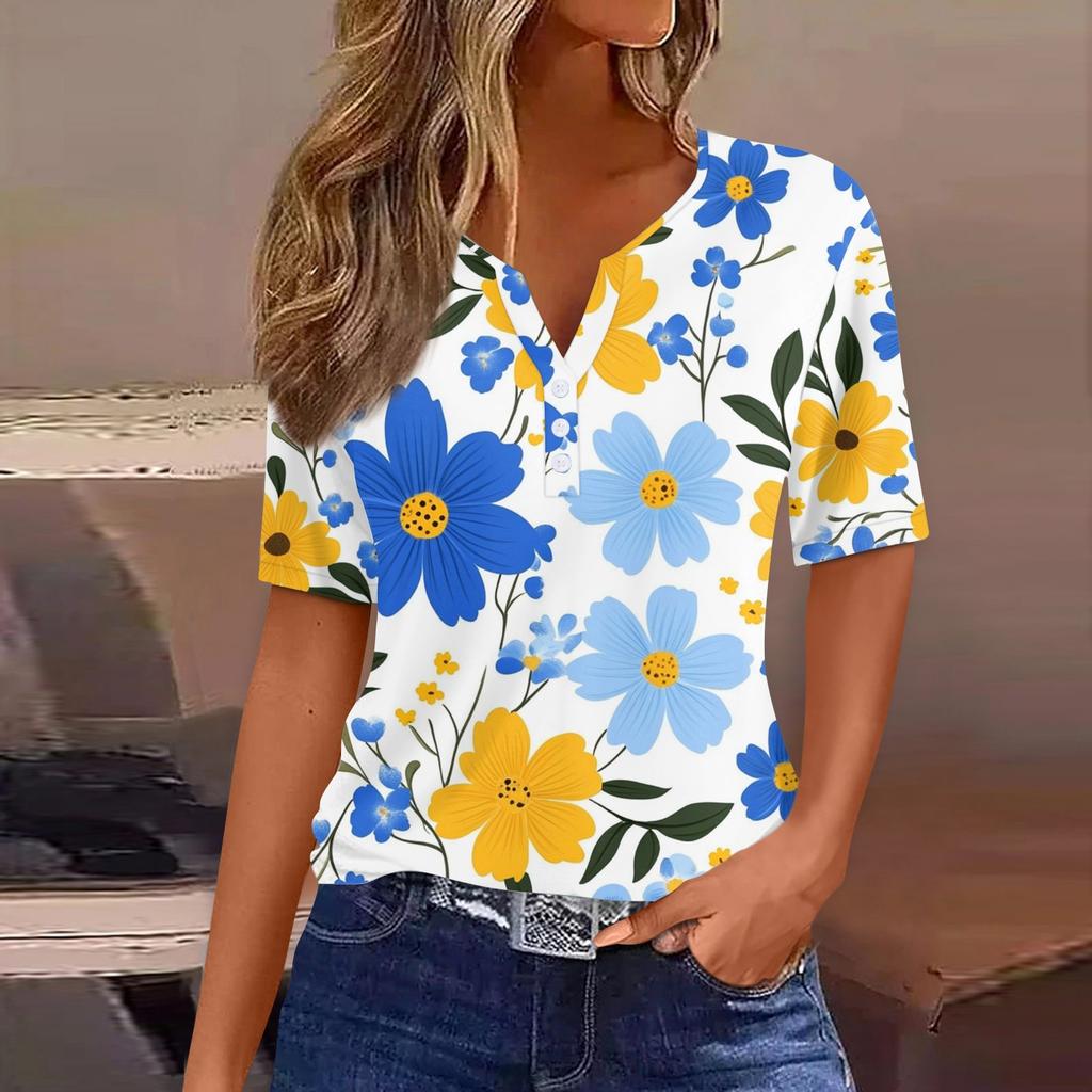 Women's Fashion Casual Vintage Floral Print V-Neck Short Sleeve Decorative Button T-Shirt Tops