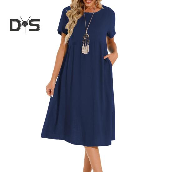 Женское платье с круглым вырезом, коротким рукавом, длиной до колена, однотонное платье с карманами, свободное летнее платье